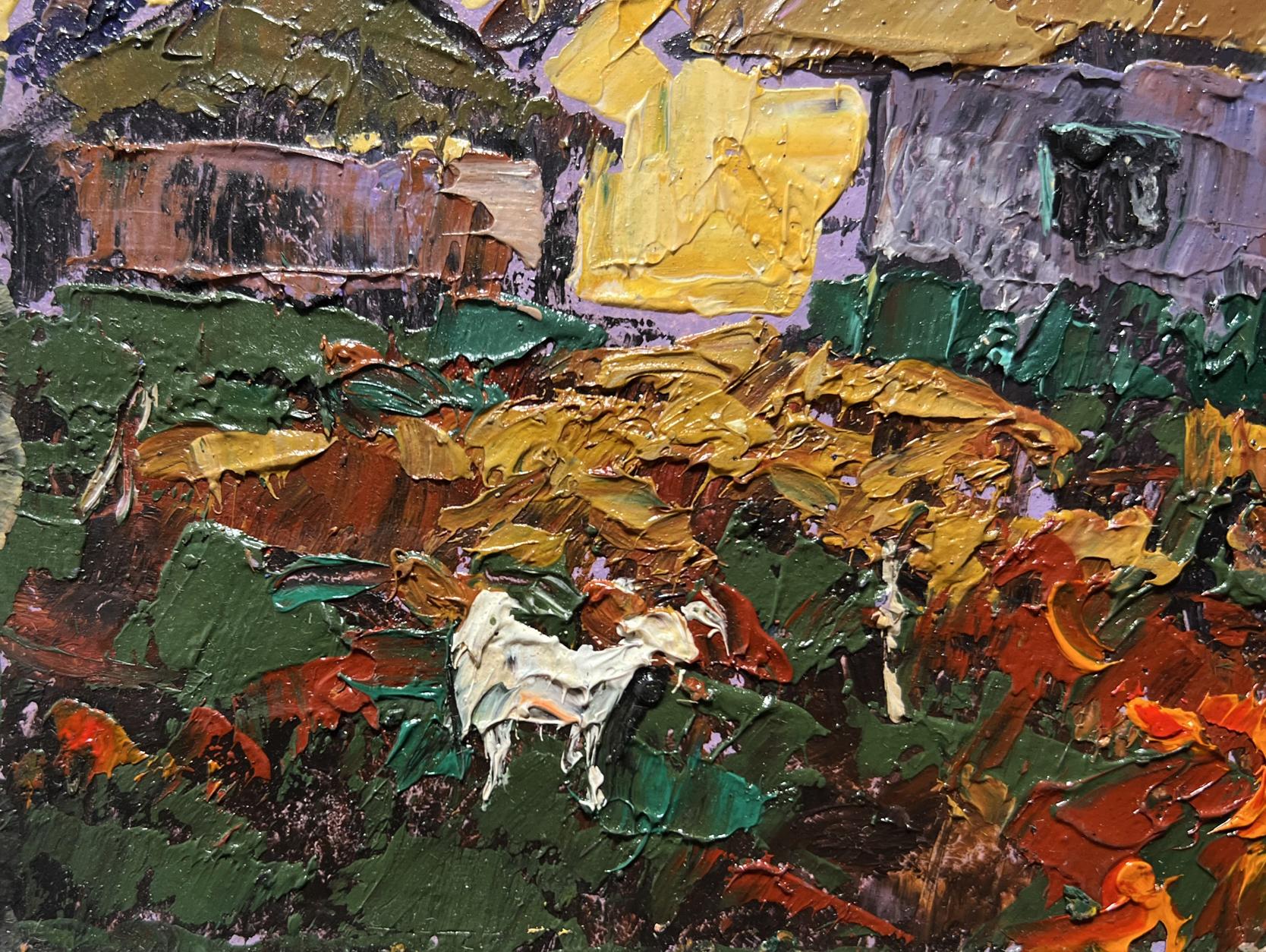 White goat in impressionistic oil painting Yellow sunset behind houses by Oleksiy Ivanyuk
