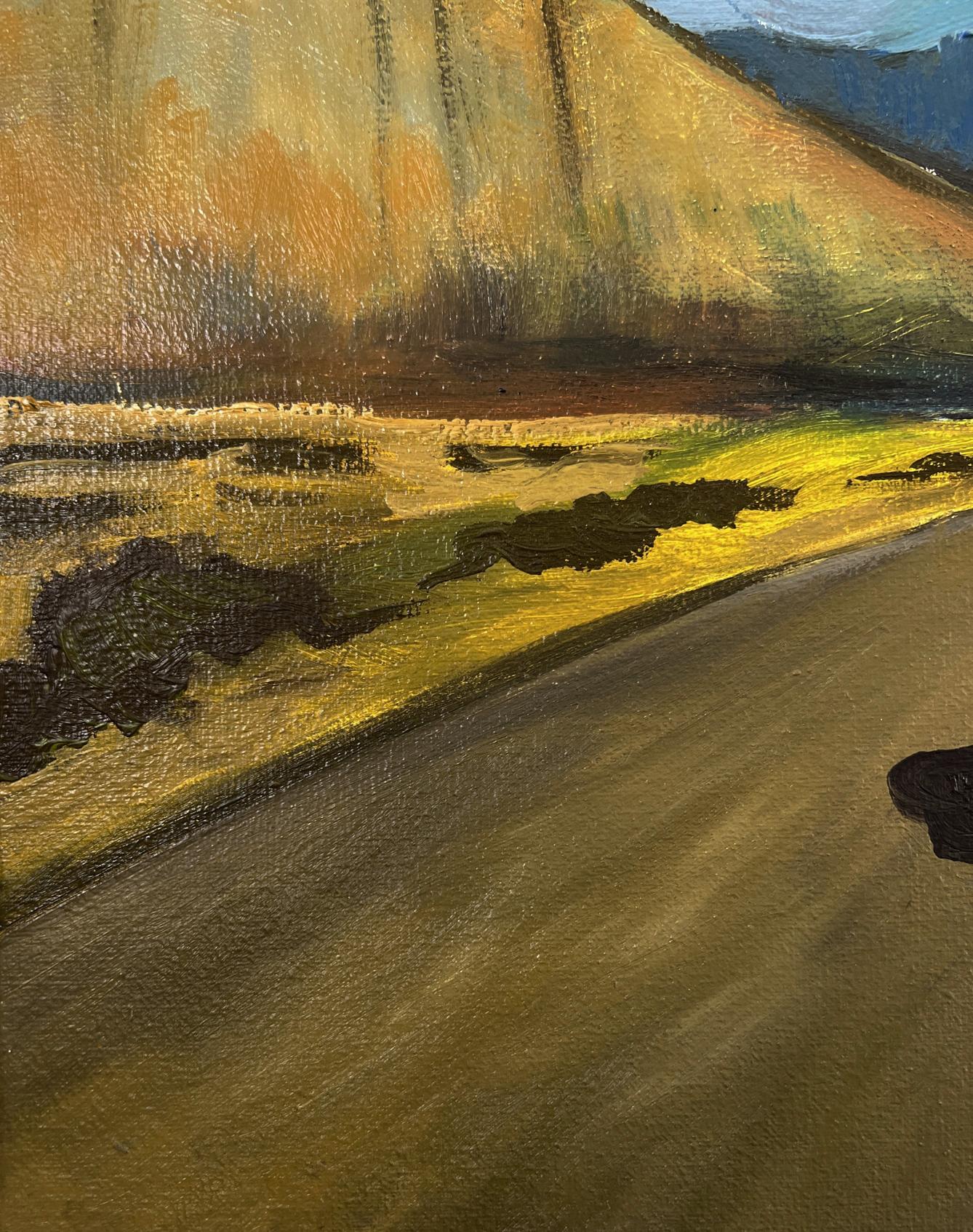 Oil painting Journey to the Mountains: winding road through golden fields