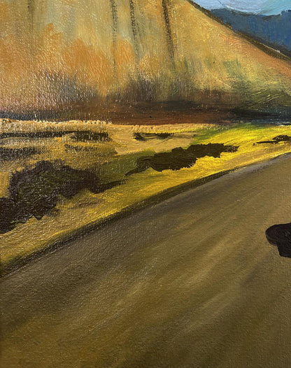 Oil painting Journey to the Mountains: winding road through golden fields