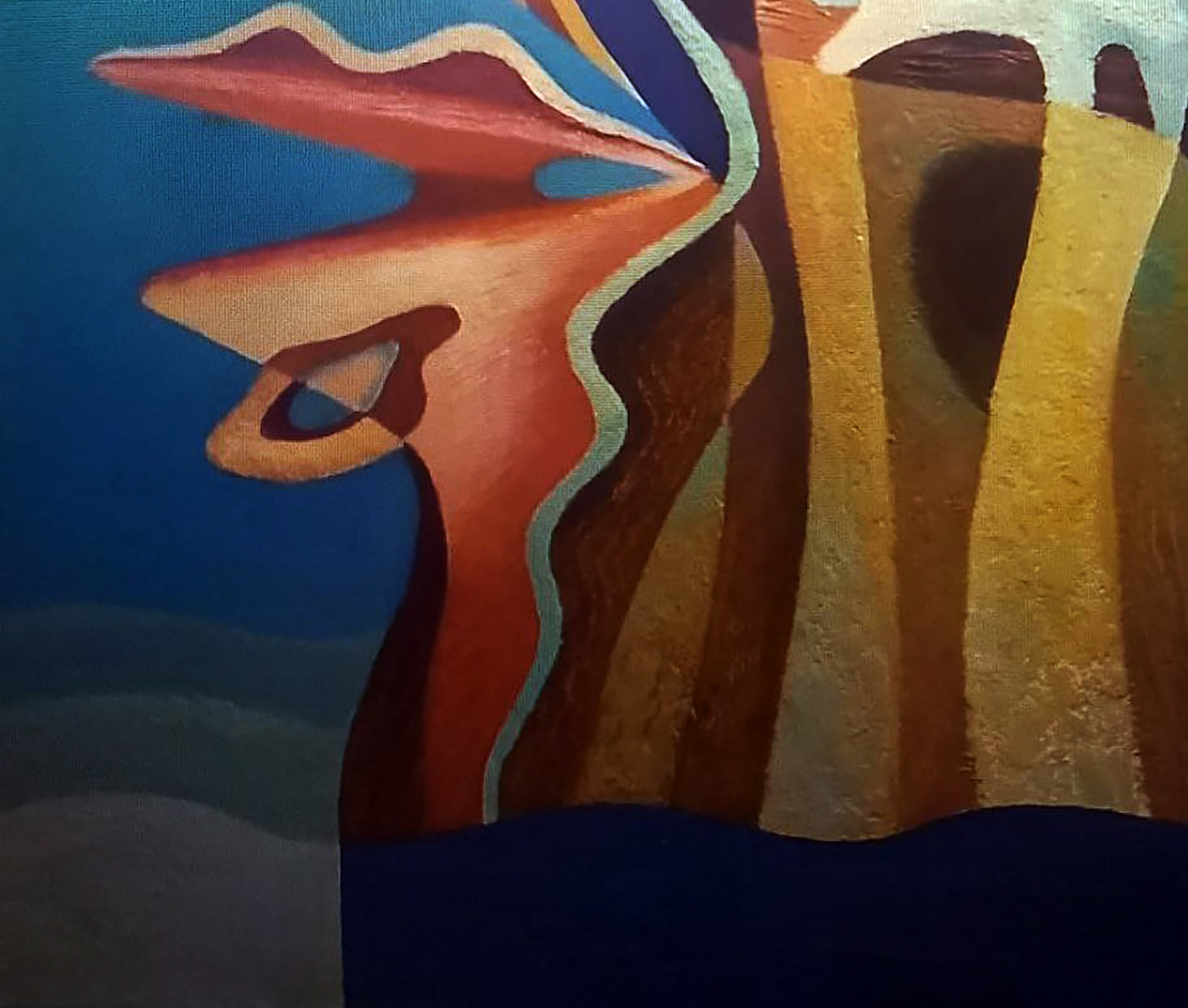 Oil painting Yellow corals by Alexander Strashevich, abstract reds on blue