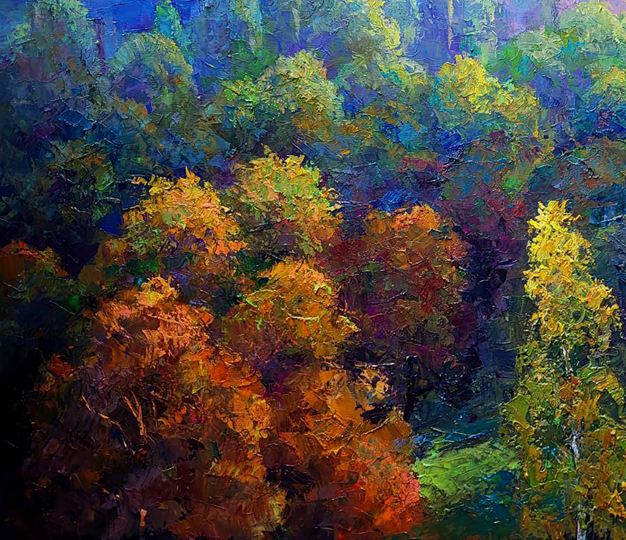 Oil painting Morning in the city by Boris Serdyuk vibrant autumn forest