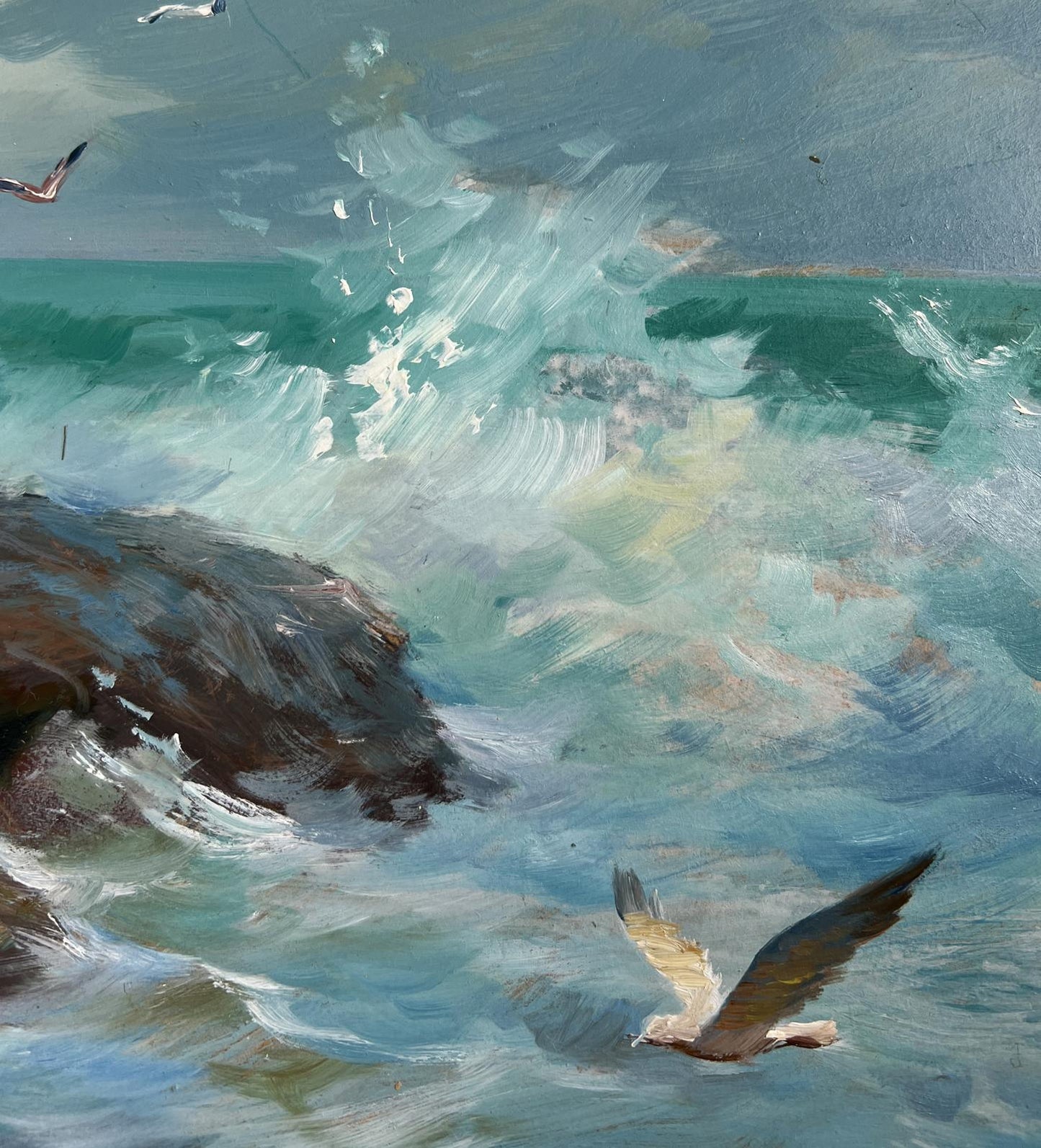 Oil painting Song of the Waves and Wind by Yuriy Suprunchuk: seagull over turbulent turquoise waves