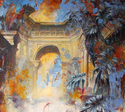 Oil painting Two by Alexander Dobrodiy: golden archway with columns in vibrant red, blue, orange splashes