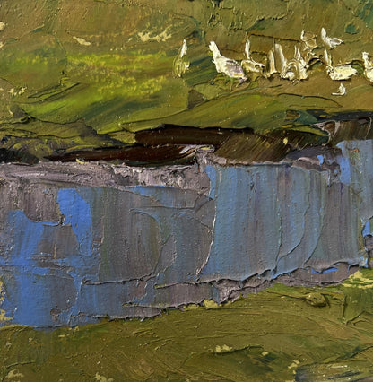 Oil painting of mountainous terrain by Boris Serdyuk with textured impasto strokes