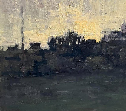 Oil painting landscape with church by Volodymyr Pashchenko, abstract impasto in yellows, grays, blacks