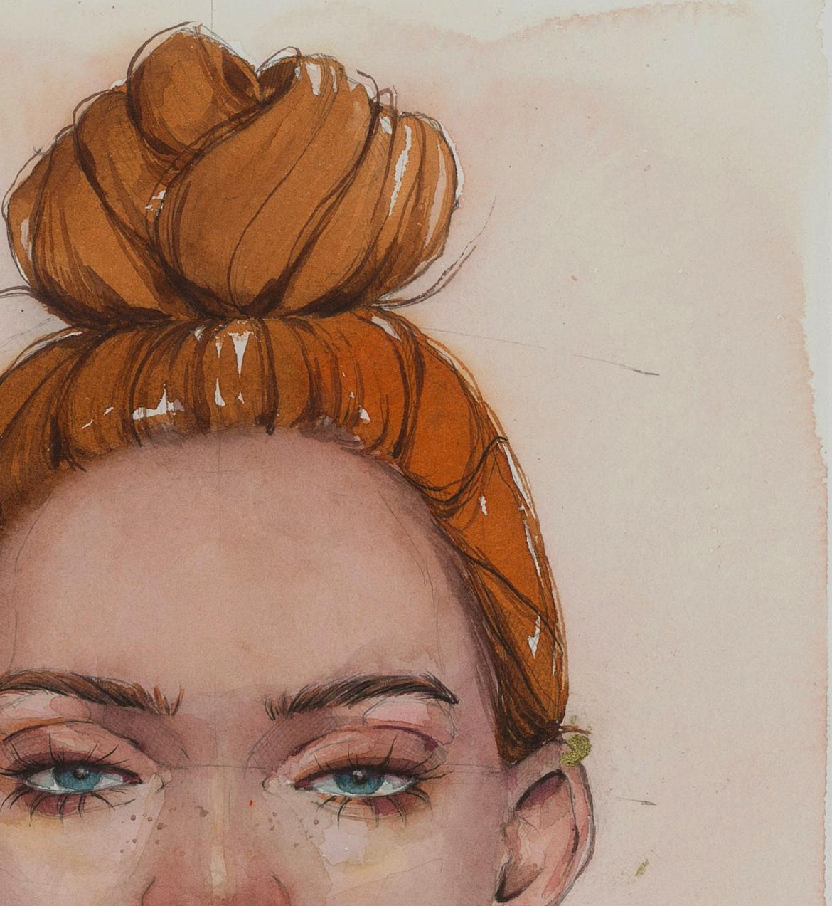 Watercolor painting Gaze girl by Victoria Kagalovska with red top knot hair