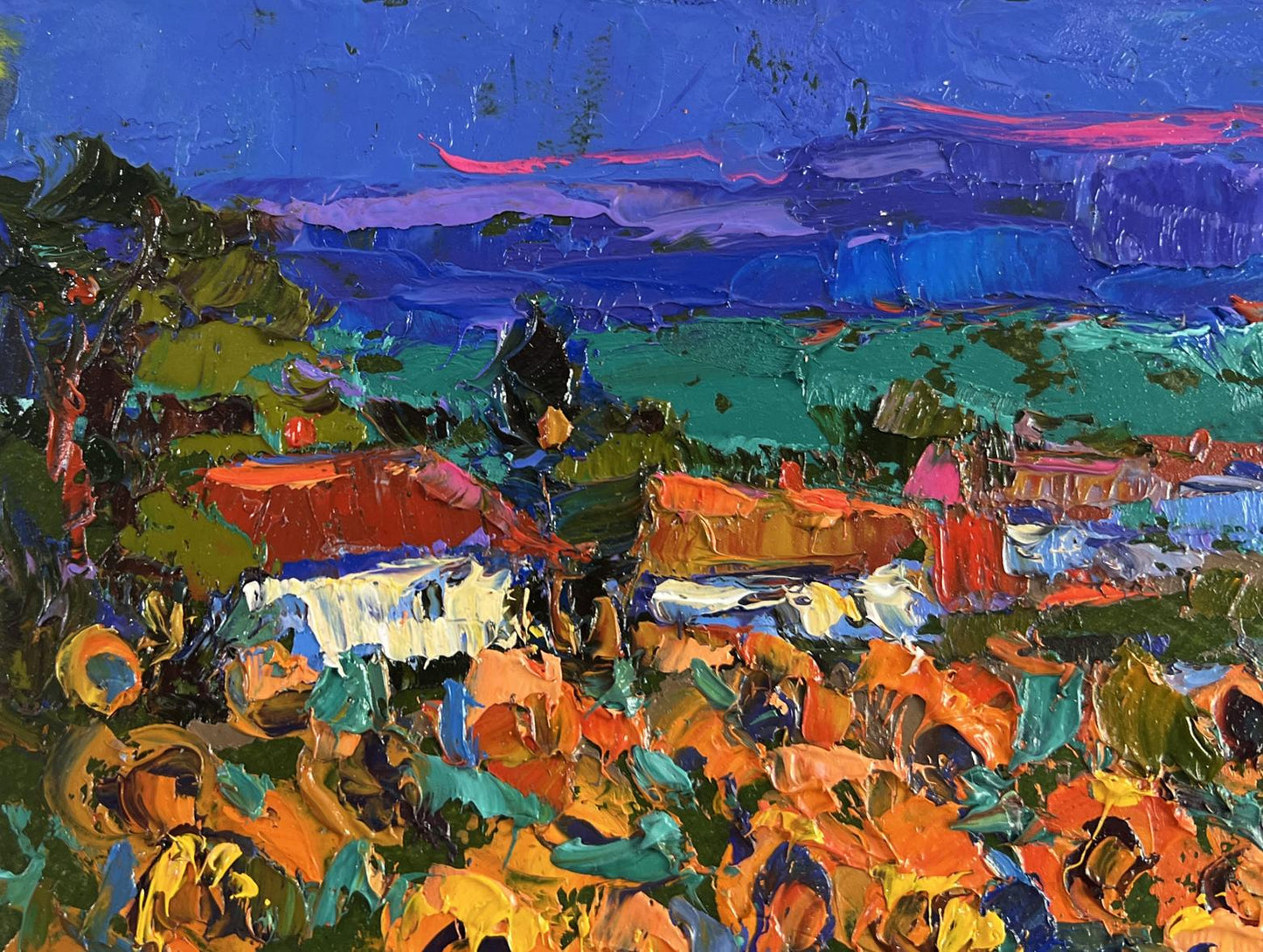 Vibrant impressionist oil painting of summer village life by Oksana Ivanyuk