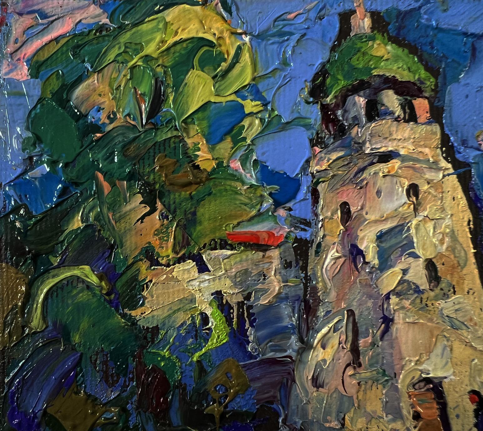 Vibrant impressionist oil painting of Oleksiy Ivanyuk Chapel near village with green roofed stone tower in foliage
