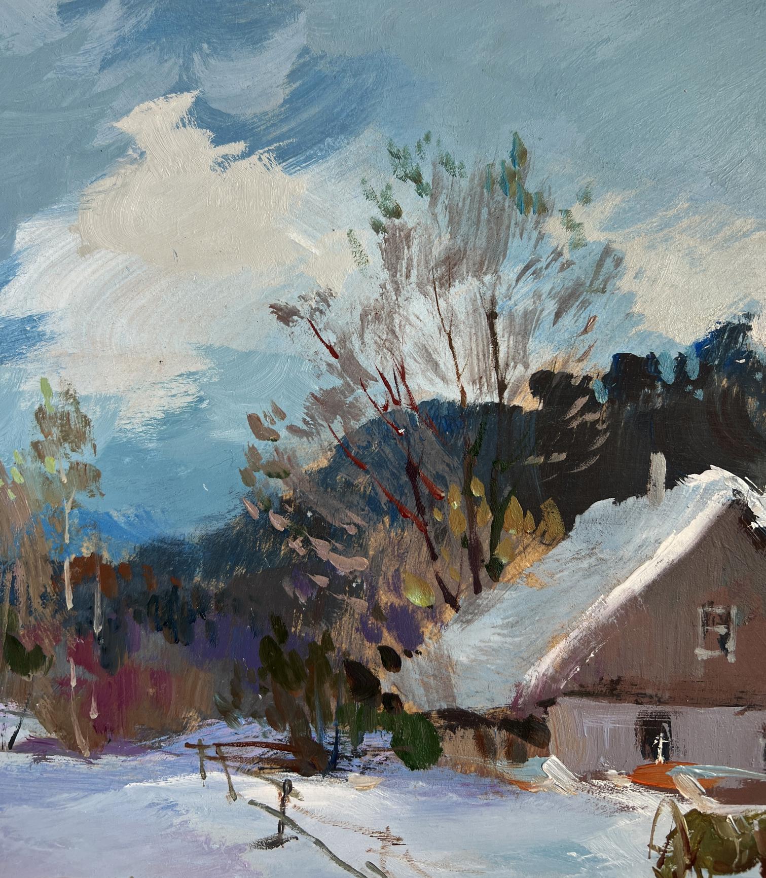 Oil painting of snow-covered house path through snowdrifts by Yuriy Suprunchuk