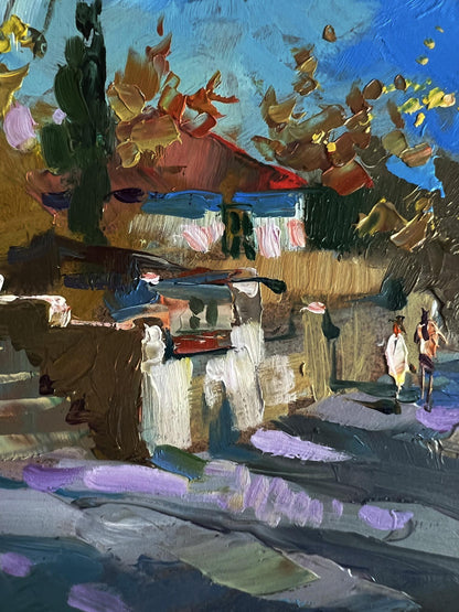 Vibrant impressionist oil painting by Yuriy Suprunchuk: sunlit village street