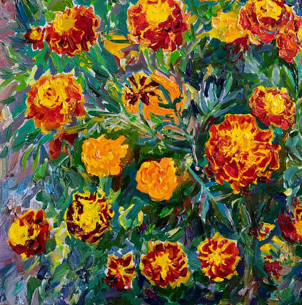 Vibrant orange yellow marigolds by Leonid Pavlenko oil painting