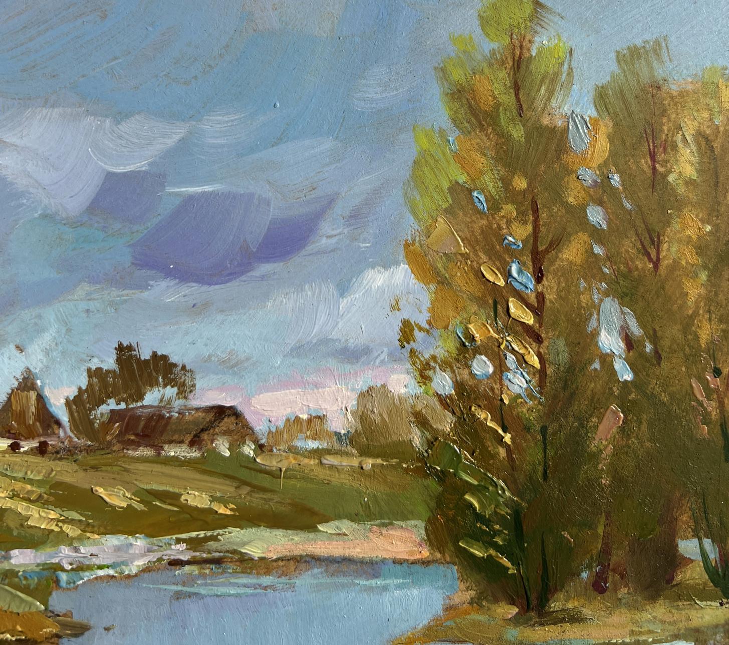Oil painting of river near village by Yuriy Suprunchuk, autumn landscape