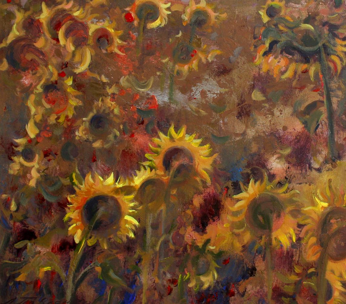 Vibrant yellow sunflowers by Leonid Pavlenko, textured acrylic painting