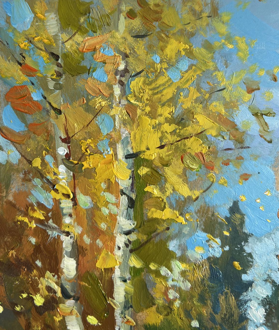 Vibrant impressionist oil painting of autumn birch trees by Yuriy Suprunchuk