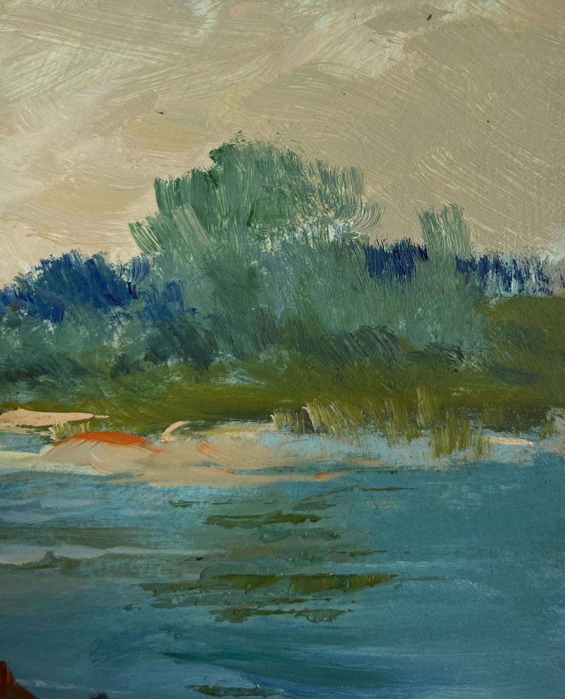 Textured impressionist Oil painting Boats at rest by the river by Yuriy Suprunchuk