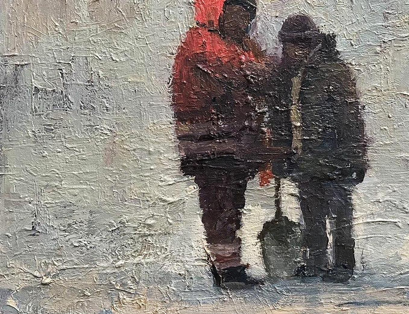 Oil painting of construction site by Volodymyr Pashchenko, two figures in winter attire