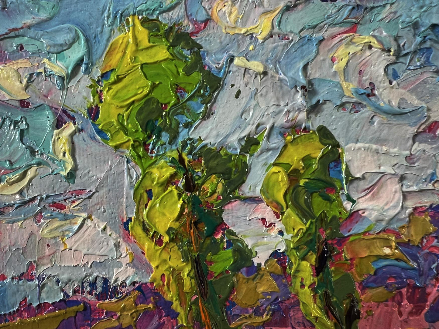 Oil painting Meadow with animals by Oleksiy Ivanyuk vibrant green yellow brushstrokes
