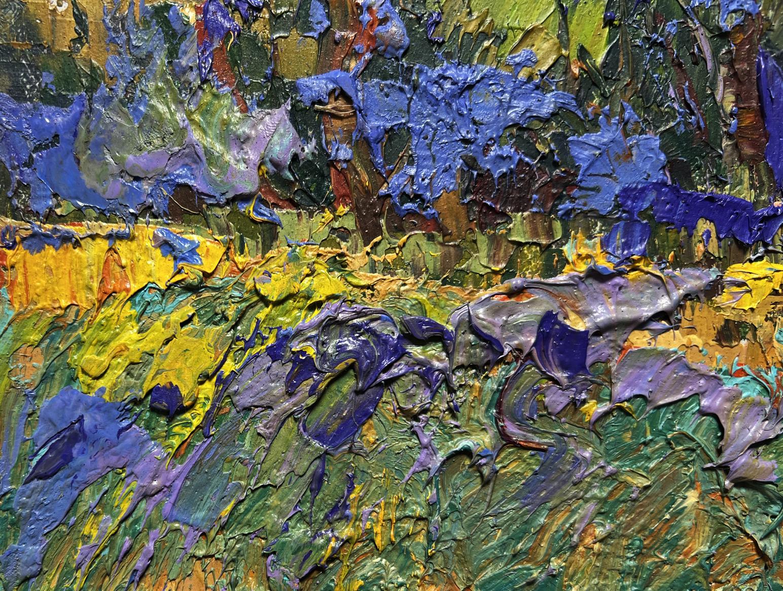 Oil painting Golden autumn evening by Oleksiy Ivanyuk, vibrant blue green yellow strokes