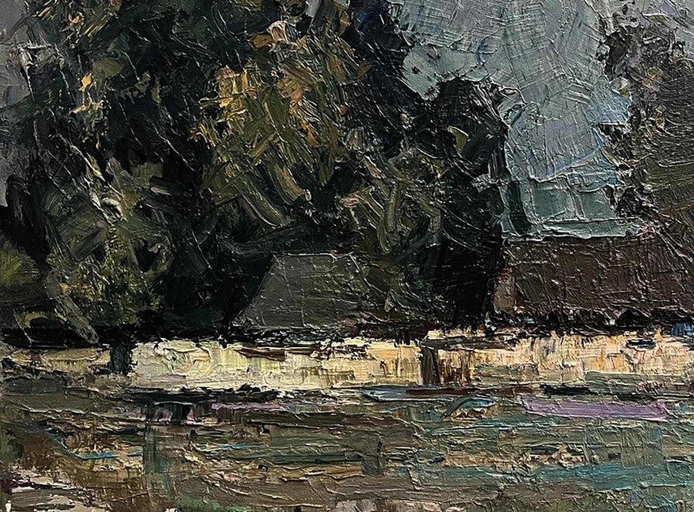 Impressionistic oil painting of houses by forest by Volodymyr Pashchenko