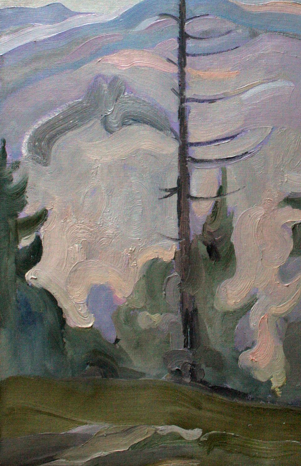 Oil painting Spruce by Leonid Pavlenko: tall tree in hills and clouds
