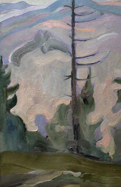 Oil painting Spruce by Leonid Pavlenko: tall tree in hills and clouds