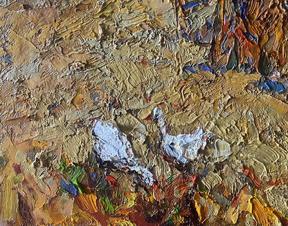 Oil painting Geese in the Fields by Oksana Ivanyuk with impasto earth tones