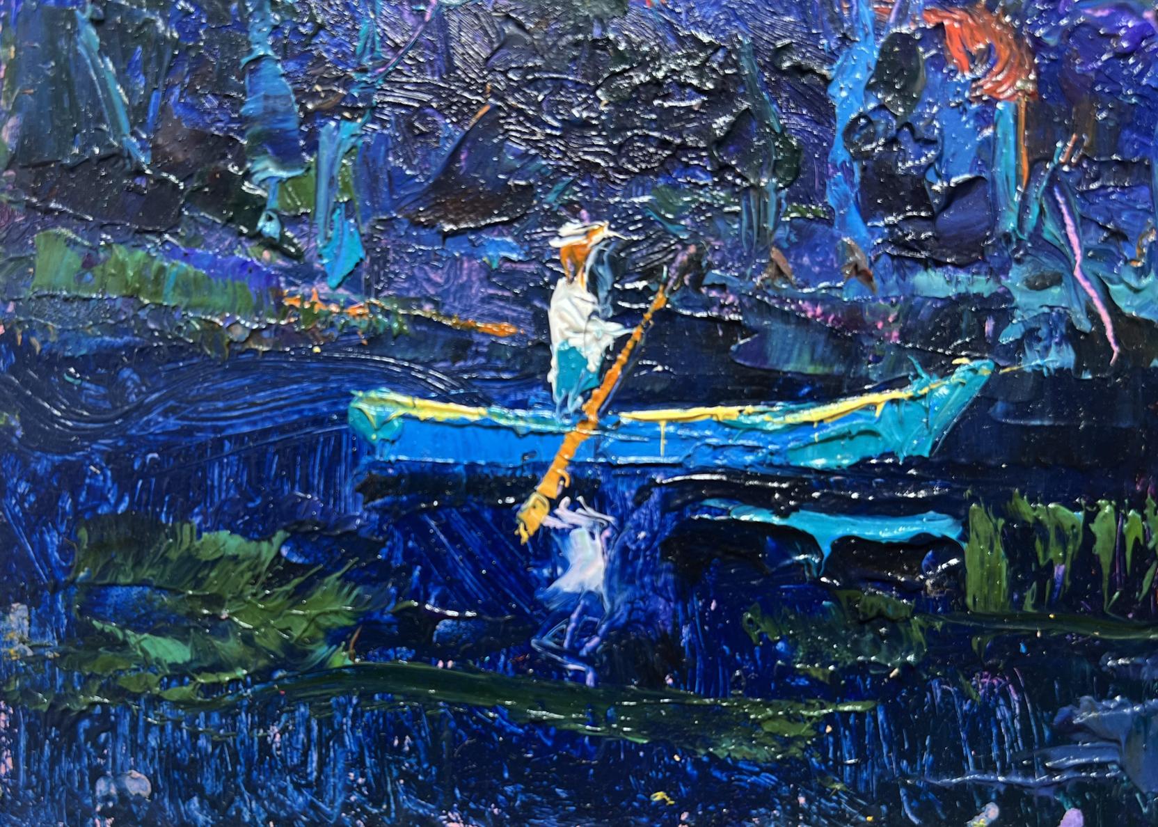 Oil painting Quiet fishing by Oksana Ivanyuk: vibrant blue canoe on teal water