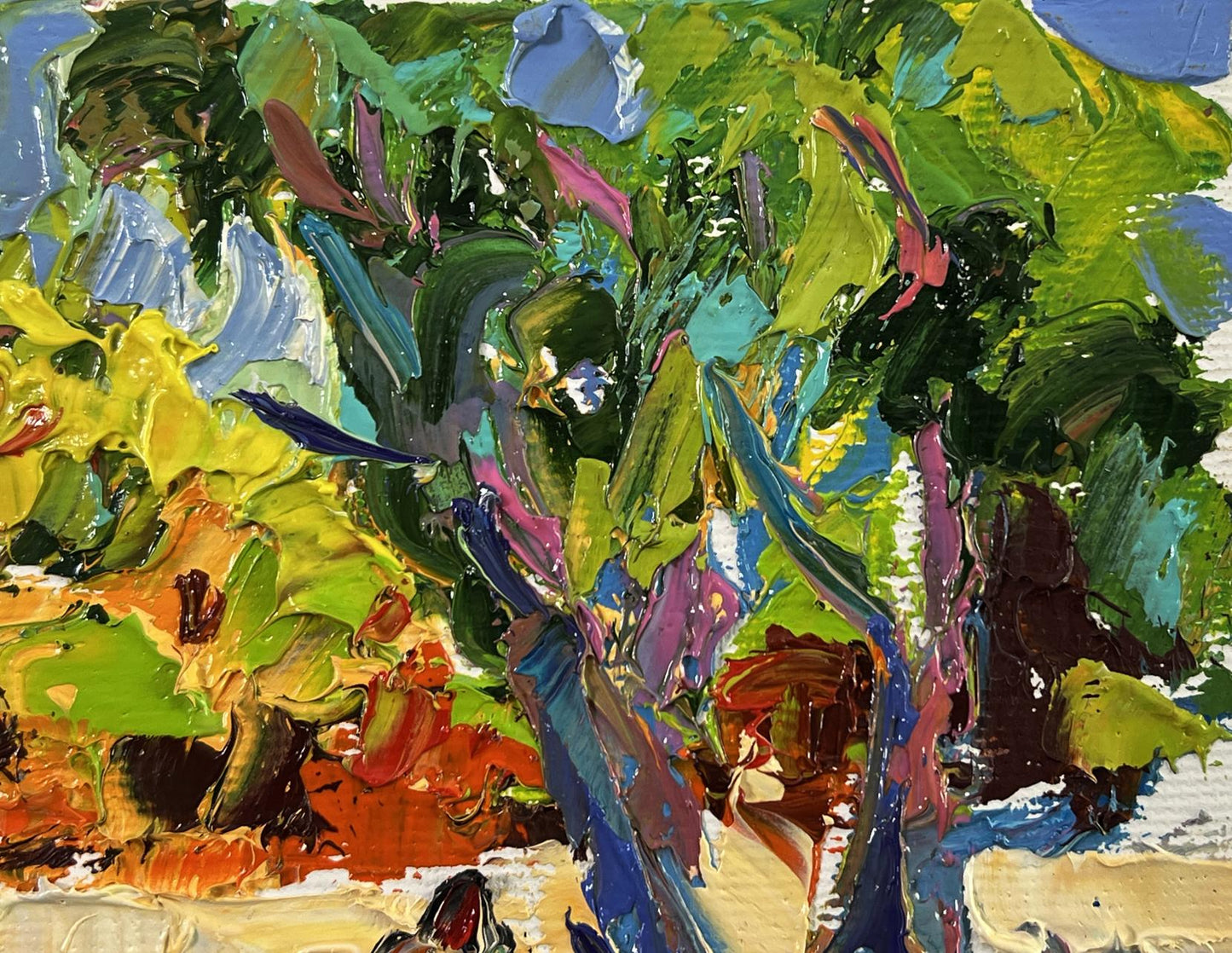 Vibrant impressionist oil painting of tree in city park by Oleksiy Ivanyuk