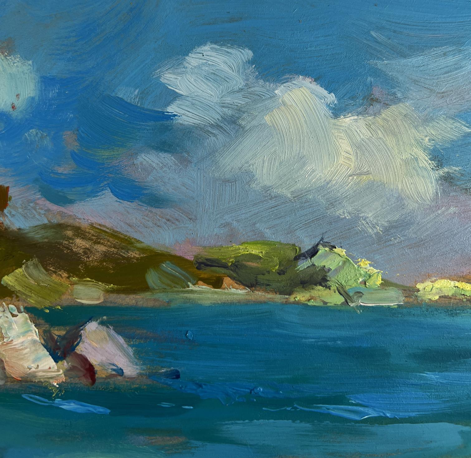 Vibrant impressionist oil painting of boat on seashore by Yuriy Suprunchuk