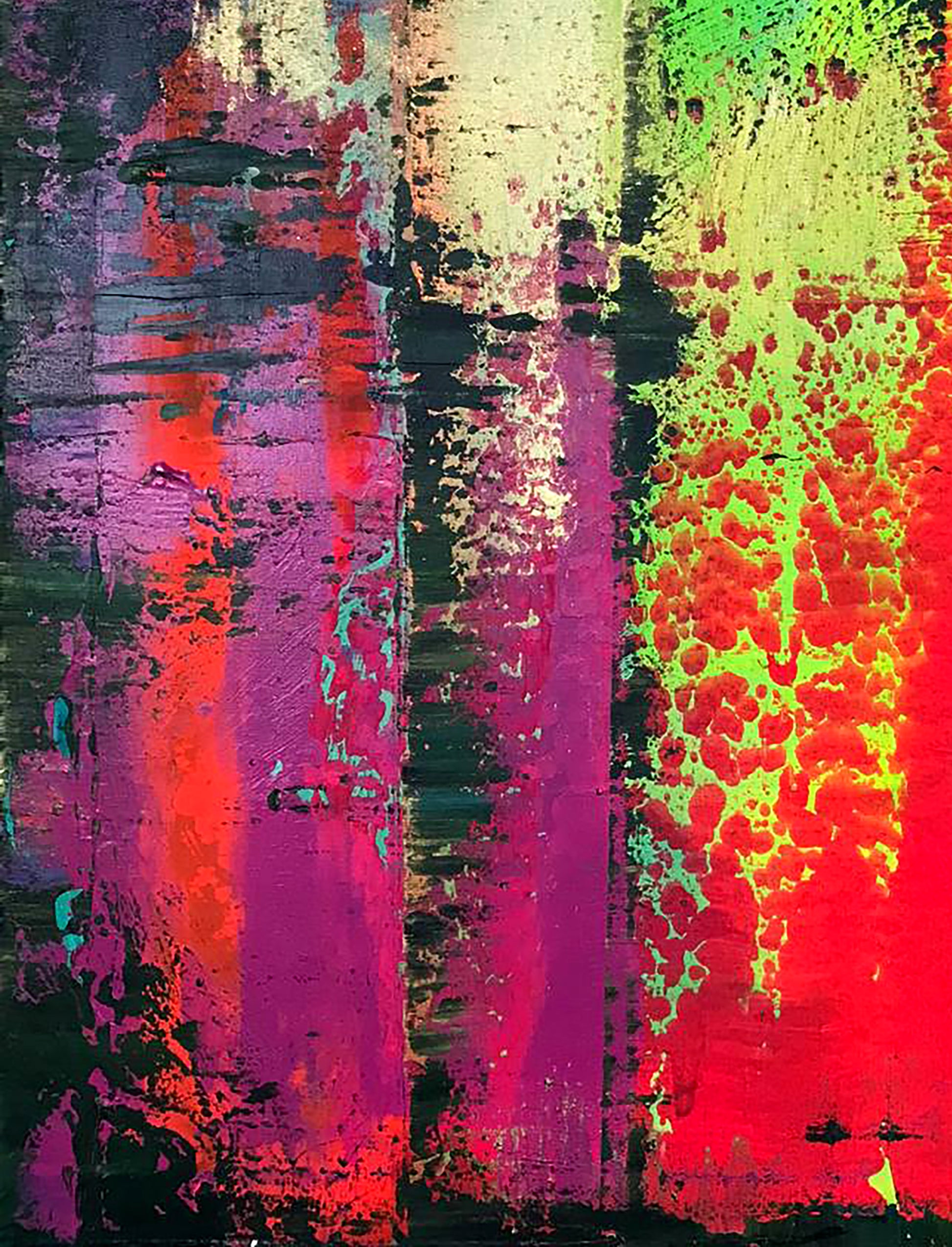 Vibrant Meeting abstract painting with magenta, red, lime green stripes