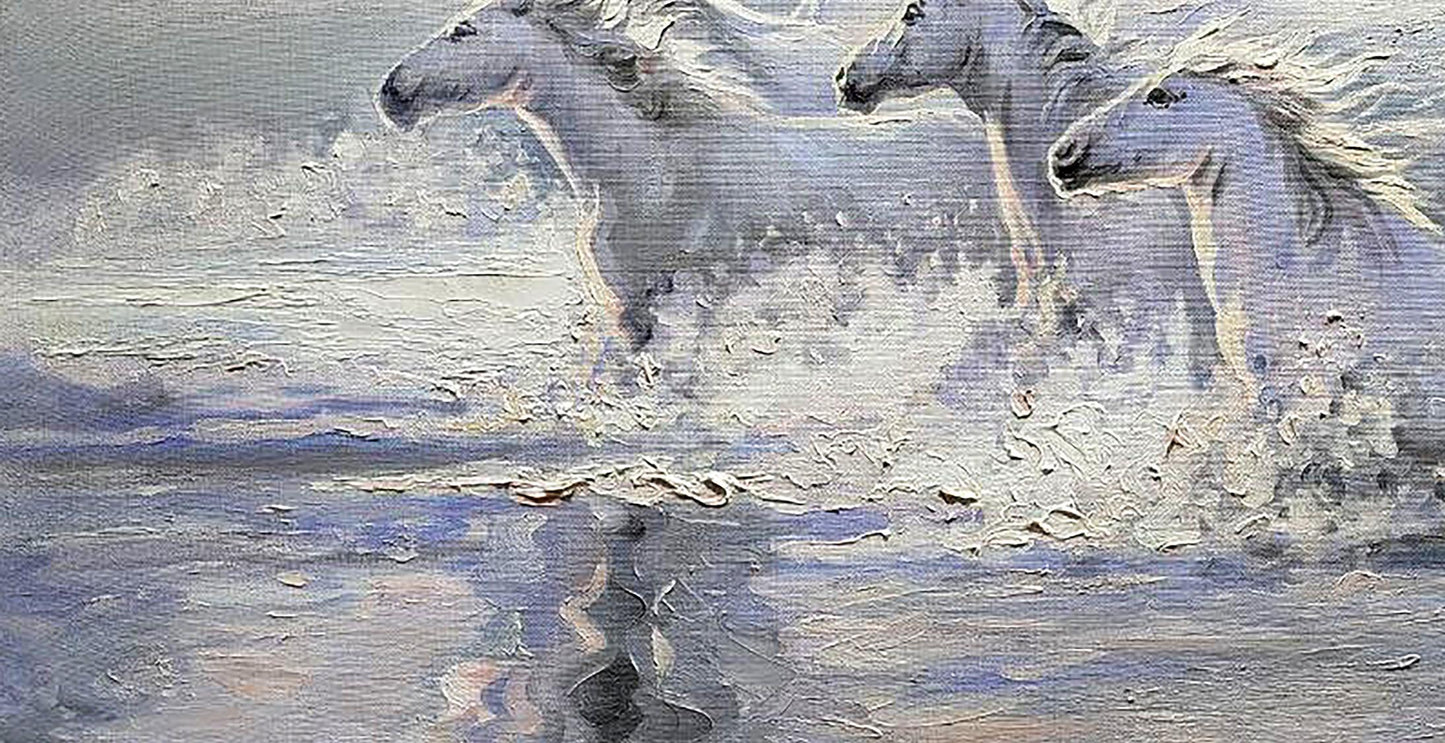 Oil painting Morning Jogging by Leonid Pavlenko: three horses galloping in water