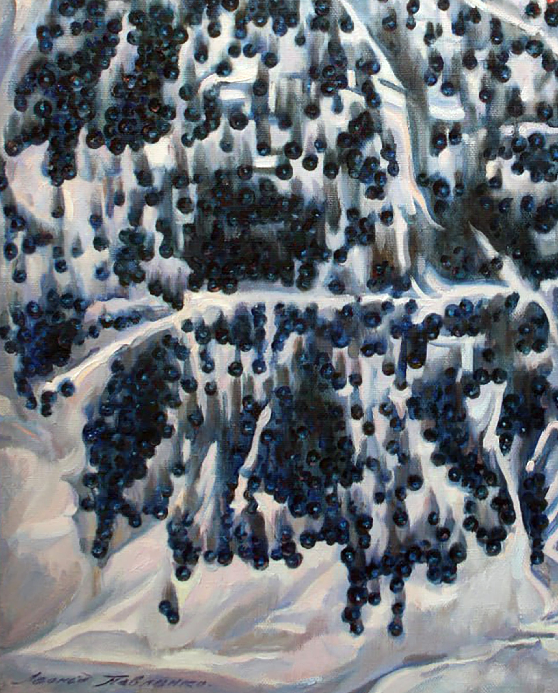 Oil painting of dark blue grapes by Leonid Pavlenko on white gray background