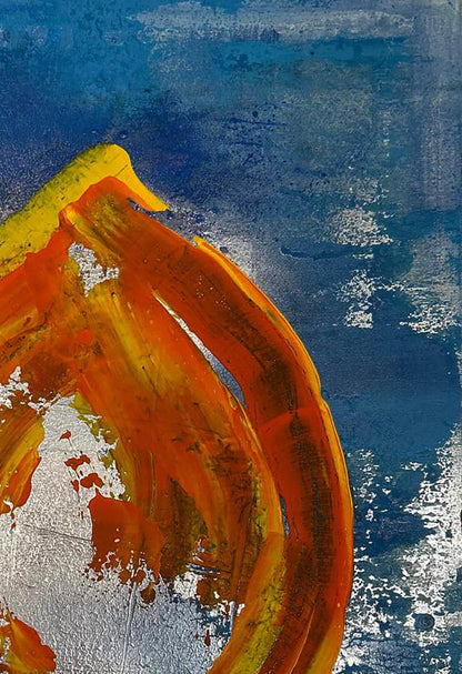 Vibrant orange yellow brushstrokes in Delicious Life acrylic painting by Olga Melezhik