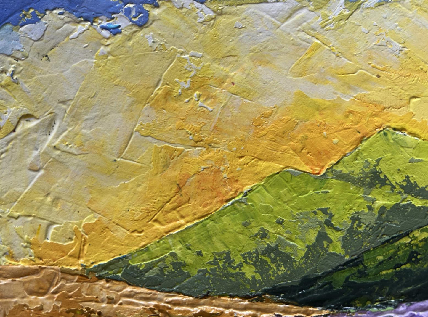 Oil painting Sunset behind the mountains by V. Zadorozhnya, textured yellow green strokes