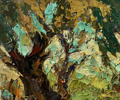 Oil painting In the shade of the trees by Oleksiy Ivanyuk, abstract teal and gold textures