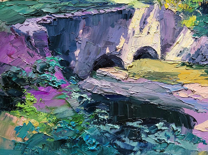 Vibrant impressionist oil painting by Dam Boris Serdyuk of cliffside in purples, greens, yellows