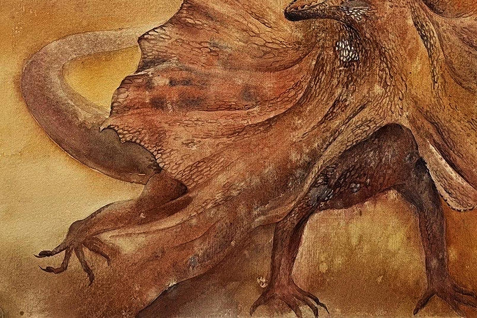 Watercolor painting of Cloaked Lizard by Dmytro Startsev, detailed dragon