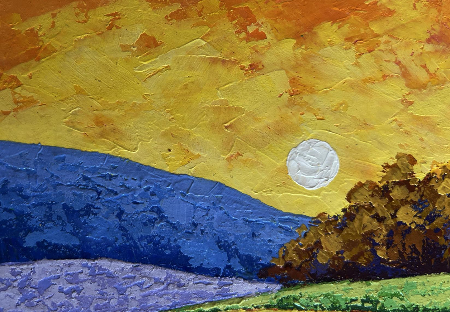 Oil painting Autumn evening in the field by V. Zadorozhnya vibrant sunset