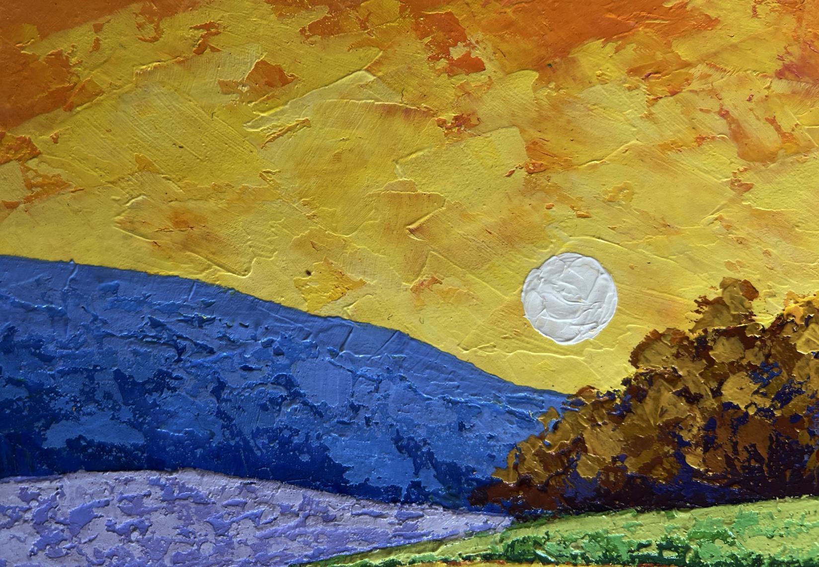 Oil painting Autumn evening in the field by V. Zadorozhnya vibrant sunset