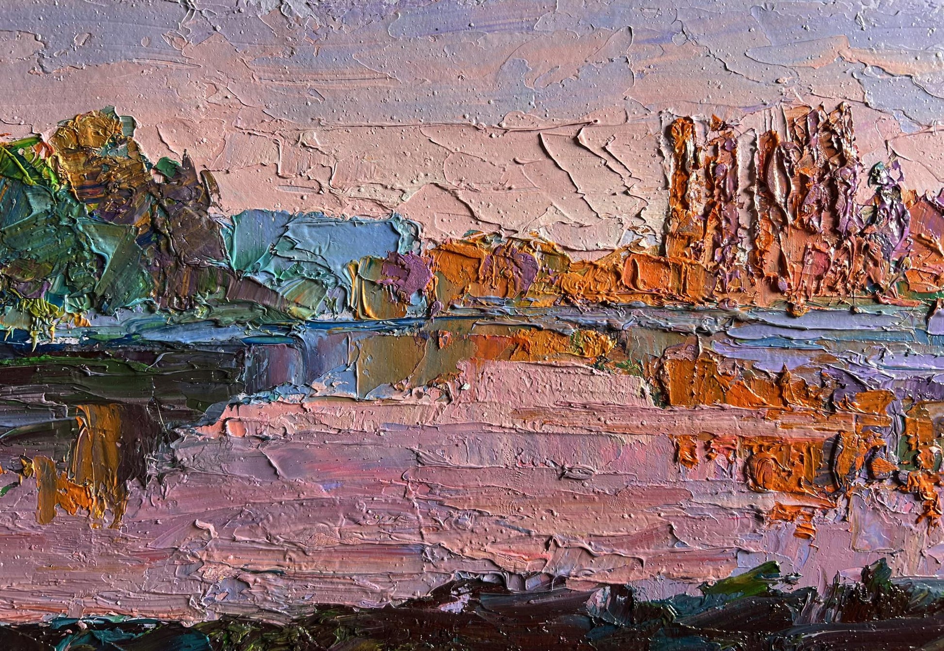 Oil painting Evening on the River by Boris Serdyuk impasto landscape