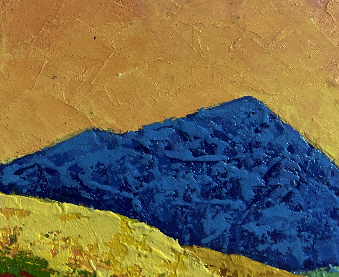Textured abstract oil painting of blue mountain on golden meadows by V. Zadorozhnya