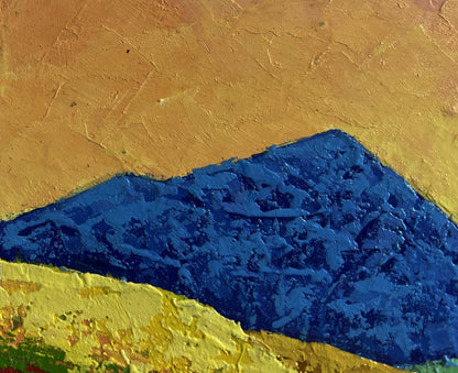 Textured abstract oil painting of blue mountain on golden meadows by V. Zadorozhnya
