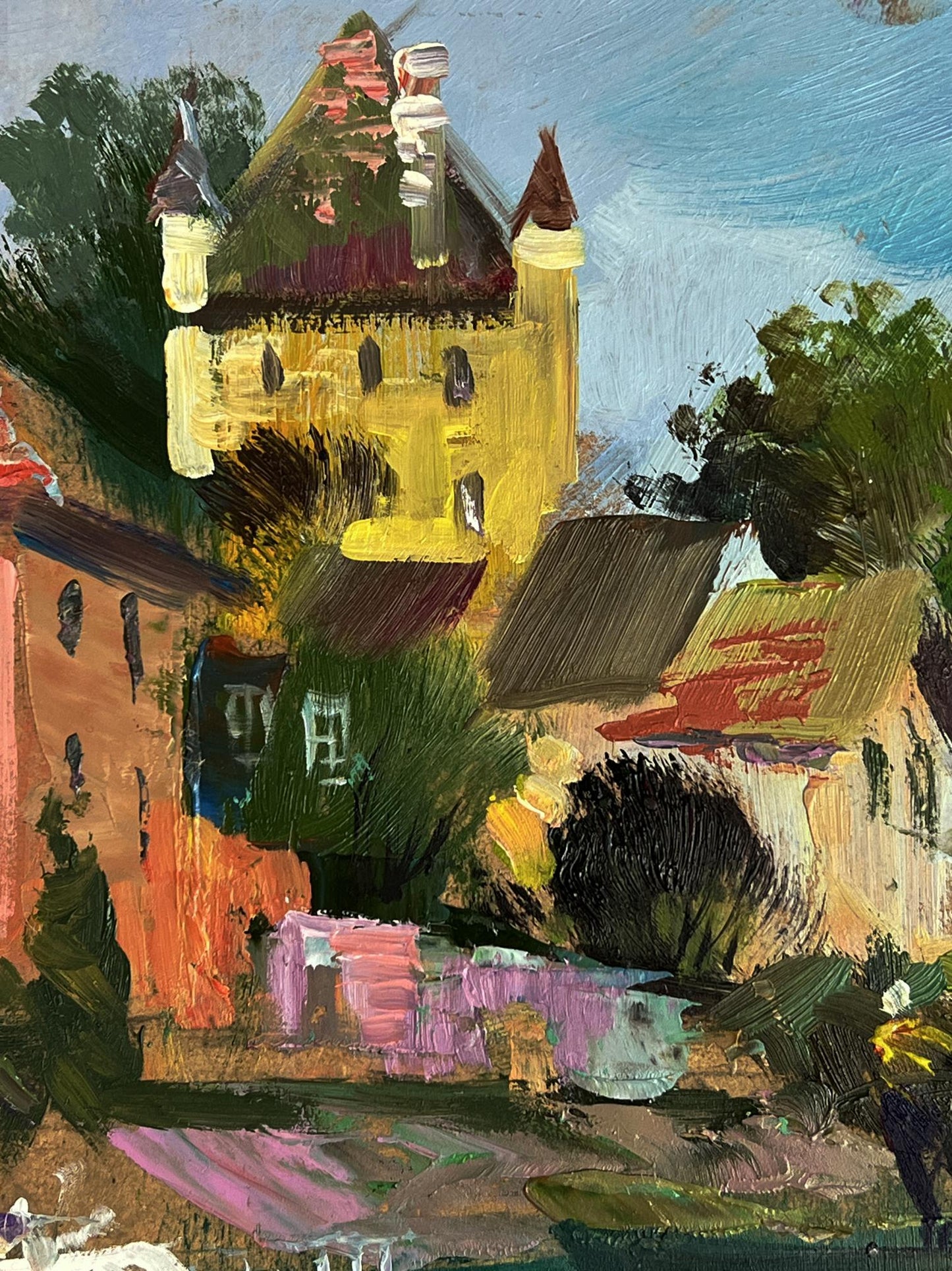 Vibrant yellow castle with red roofs by Yuriy Suprunchuk oil painting