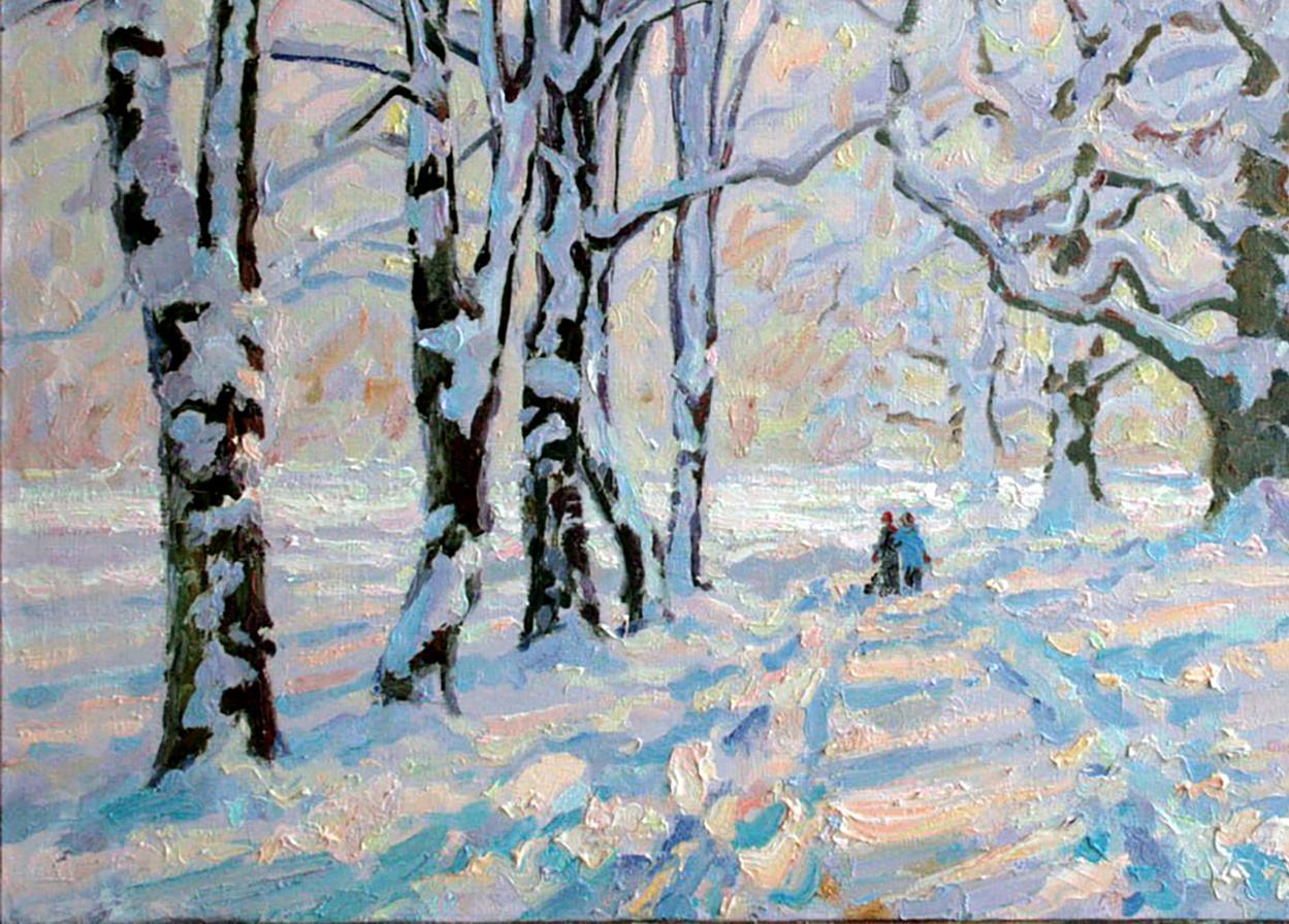 Oil painting Winters Tale by Leonid Pavlenko: snow-covered birch trees