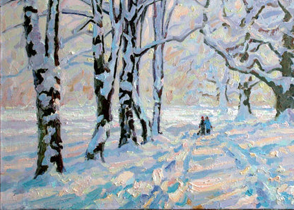 Oil painting Winters Tale by Leonid Pavlenko: snow-covered birch trees