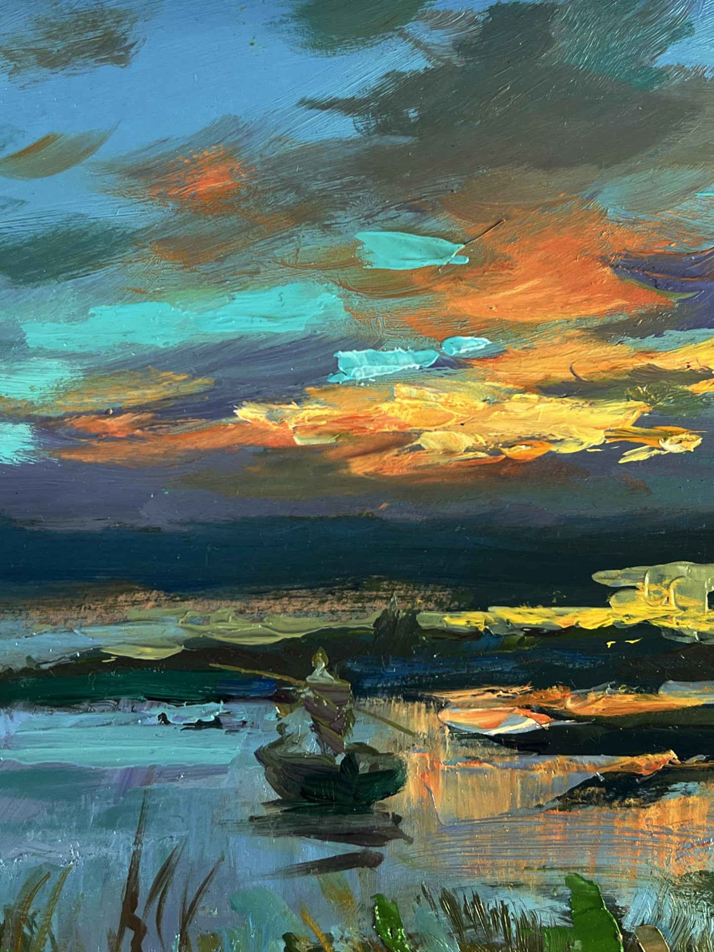 Vibrant oil painting of sunset fishing by Yuriy Suprunchuk