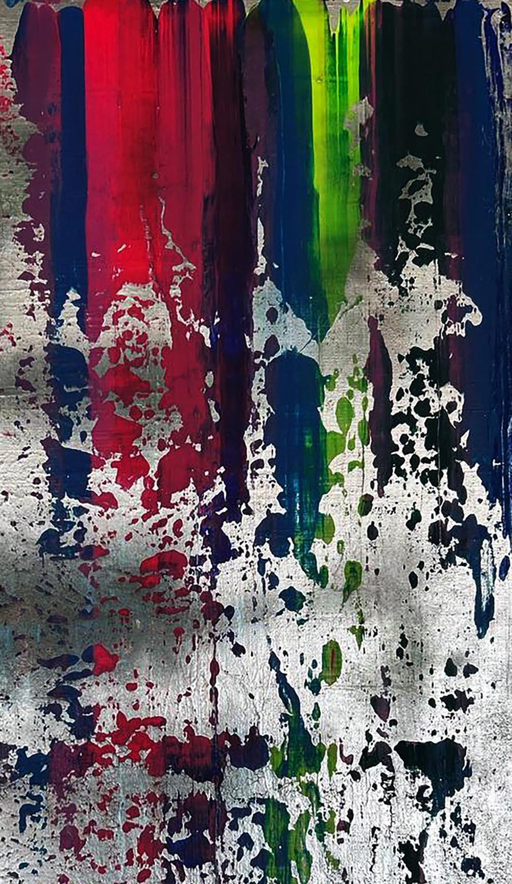 Colorful waterfall acrylic painting by Olga Melezhik with vibrant paint drips