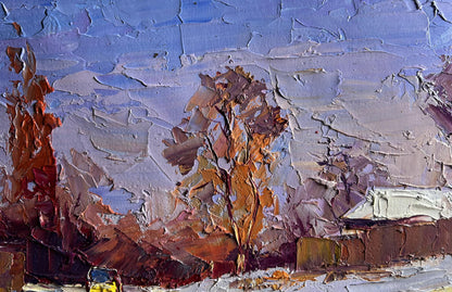 Oil painting by Boris Serdyuk of autumn tree with orange leaves against blue sky