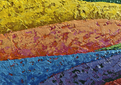 Oil painting of vibrant sunset rays over mountain valley by V. Zadorozhnya