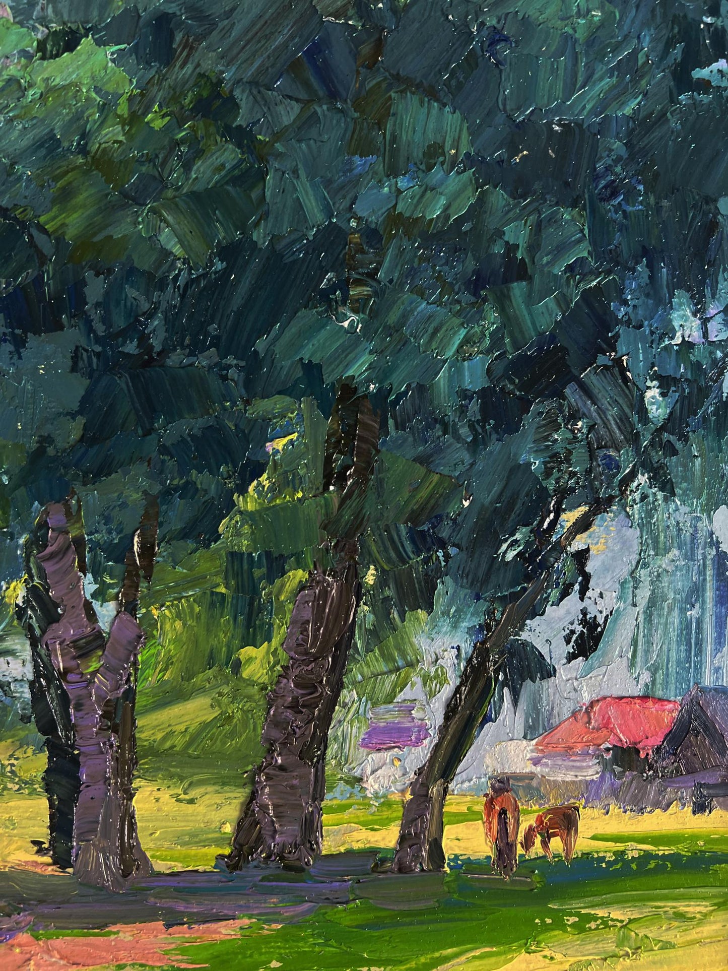 Oil painting of trees near village by Boris Serdyuk, impressionist style